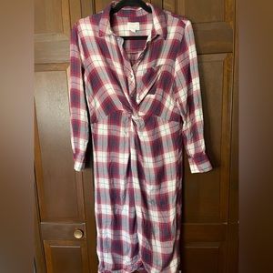 Caslon, Red, Blue, White Plaid 3/4 sleeve dress with buttons. Size medium